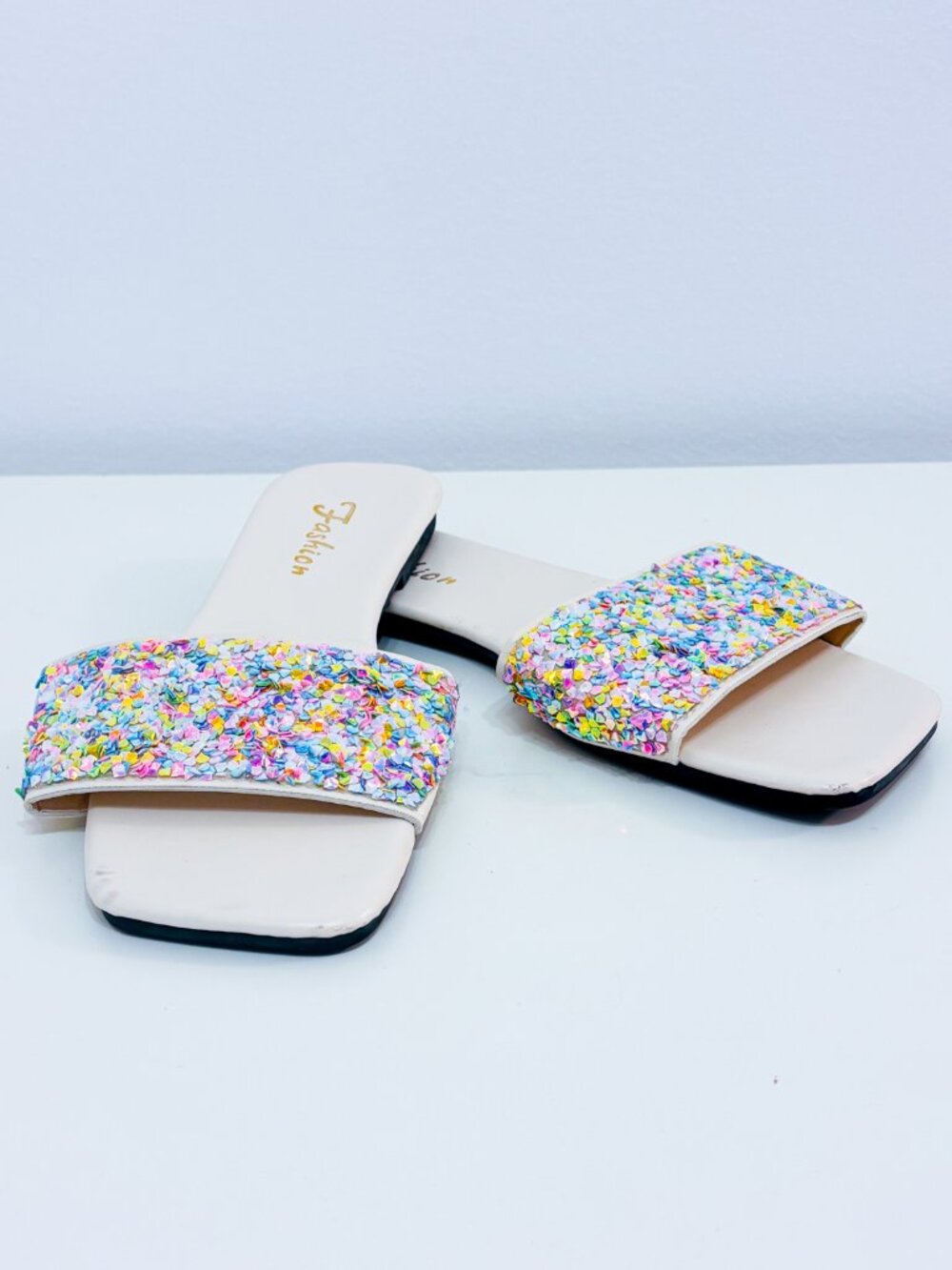 FASHION White Slide Sandals | Multicolor Glitter Festival | Size 40